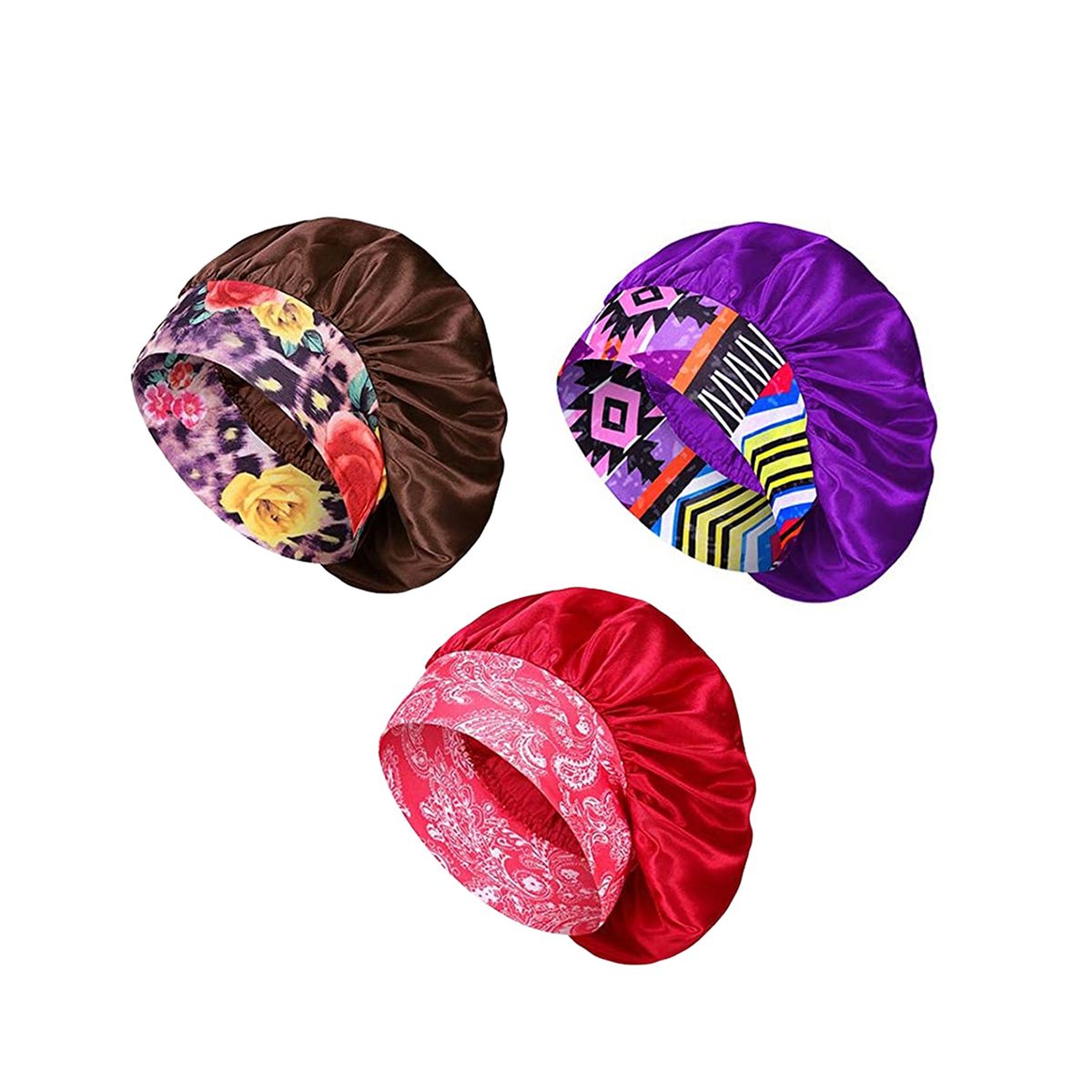 Women's Silky Satin Head Scarf Hair Wrap (3-Pack) - Coffee/Purple/Red