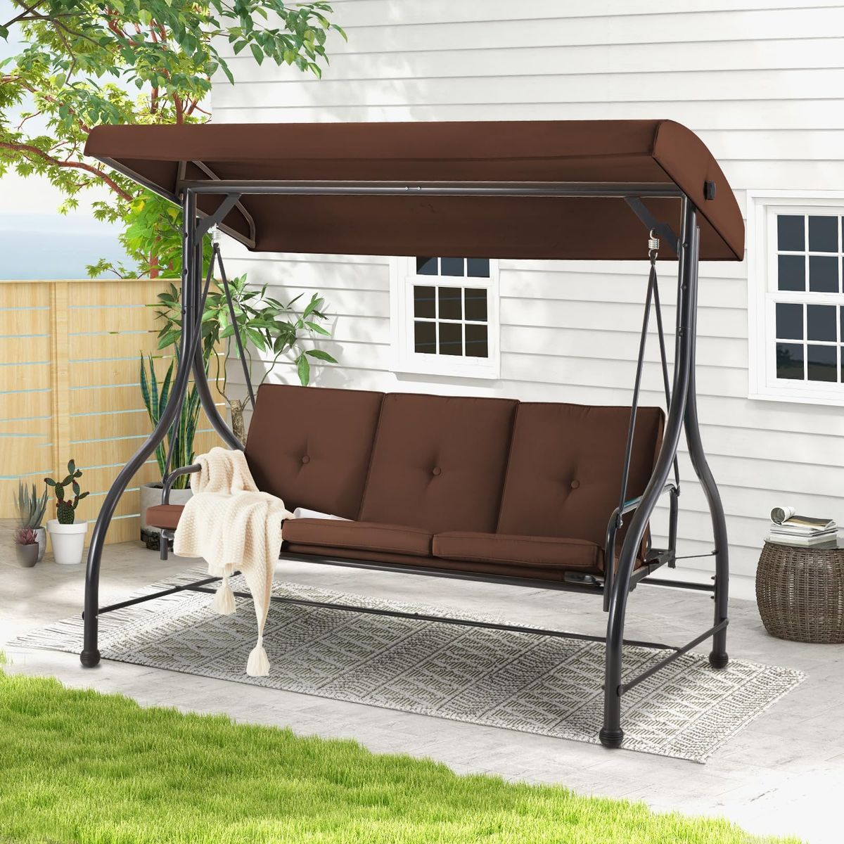 3-Seat Outdoor Swing Hammock with Adjustable Tilt Canopy - 16024BR-UG01