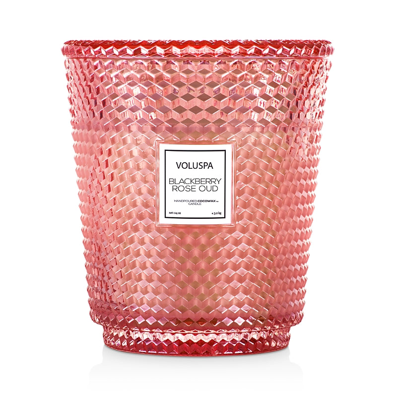 Voluspa Blackberry Rose & Oud Hearth Embossed Glass Candle with Lid 114 oz.