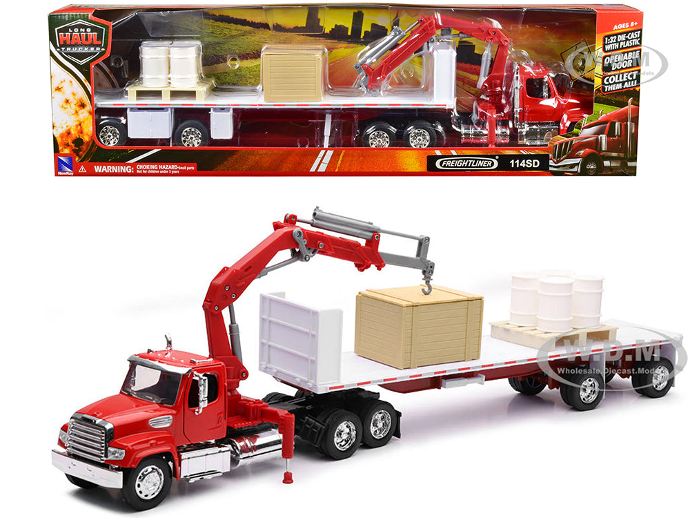 Freightliner 114SD Flatbed Truck with Crane Red with Accessories "Long Haul Trucker" Series 1-32 Diecast Model by New Ray