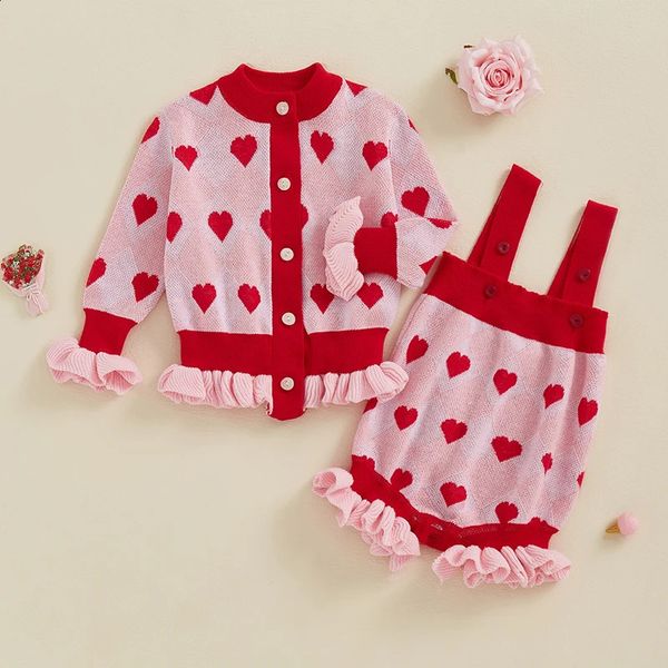 Infant Baby Girl Valentines Day Outfits Fall Winter Heart Print Long Sleeve Button Down Cardigan Knit Romper Overalls 2Pcs Sets 250206