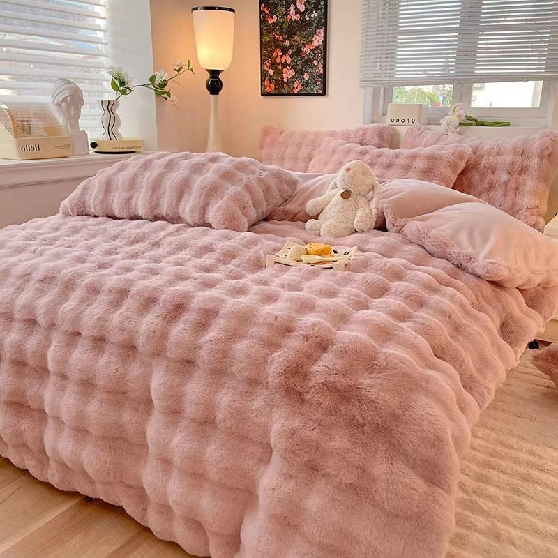 Puffy Comfort Thickened Faux Rabbit Fur Bed Sheet Set, Pink - Pillowcase(1 pc)