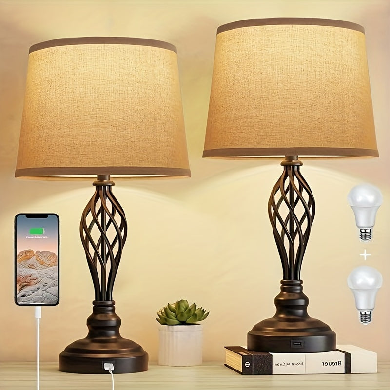 TEMU Set Of 2 Table Lamps With Usb Port, Farmhouse Bedside Lamps With 3-color Temperature, Nightstand Lamp Large Cream Drum Shade Spiral Cage Base