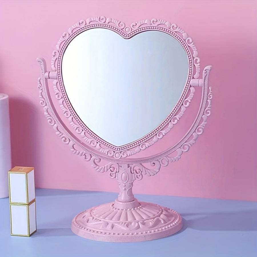 TEMU Double-sided Desktop Makeup Mirror - European Retro Style, Large Rotating Princess Mirror With Plastic Frame, Dormitory Or Vanity Use, Vanity