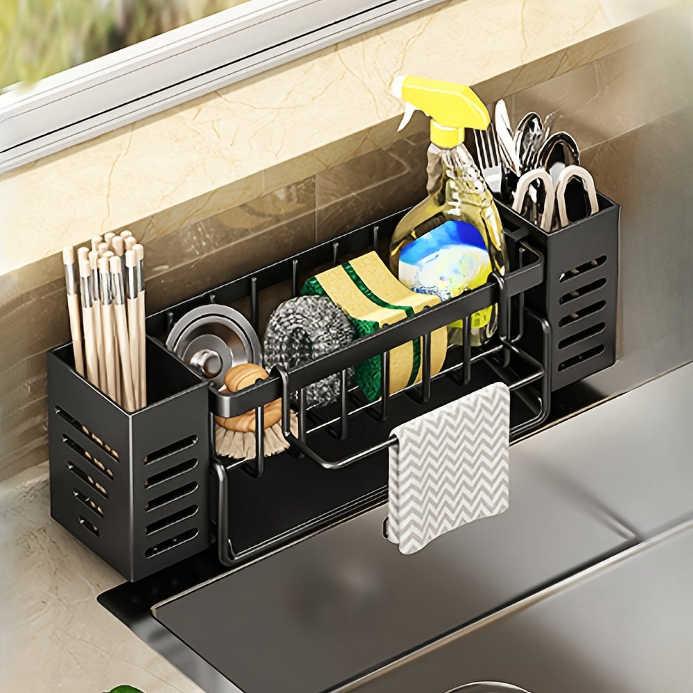 TEMU Versatile Kitchen Sink Organizer With Drain - Holds Sponges, Utensils & More, Includes Side Bars & Cutlery Holder, Home Storage, Drying Racks