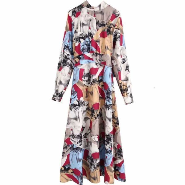 Women vintage contrast color ink painting print casual sashes long Dress ladies stand collar bow tied vestido Dresses DS3047 210603