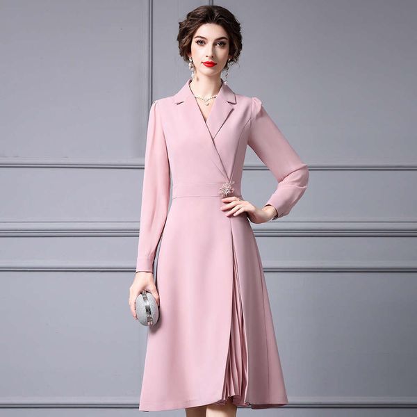 2024 Autumn Womens Clothing Temperament Commuting Pink Waist Cinching Slimming Long Sleeved Pleated Patchwork Suit Collar Dress SKINNY DRESS