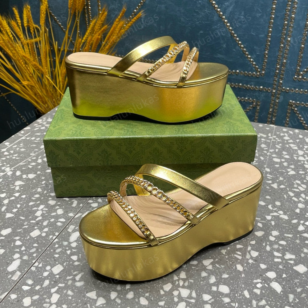 new Women&#039;s block heels platform slippers sandals genuine leather Ankle strap metal chain Outdoor Recreation shoes luxury designer 8.5cm High-h