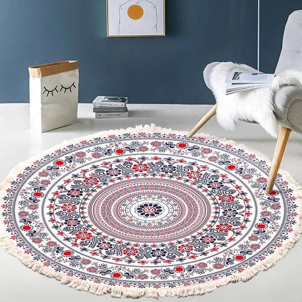 Hand Woven Cotton Linen Carpet Retro Bohemian Round Bedside Geometric Floor Mat Living Room Home Decor Boho Mandala Tassel Rug 241211
