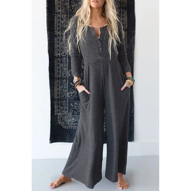 Women's Long Sleeve Wide Leg Jumpsuit - Gray - M - 85%Polyester+10%Cotton+5%Elastane