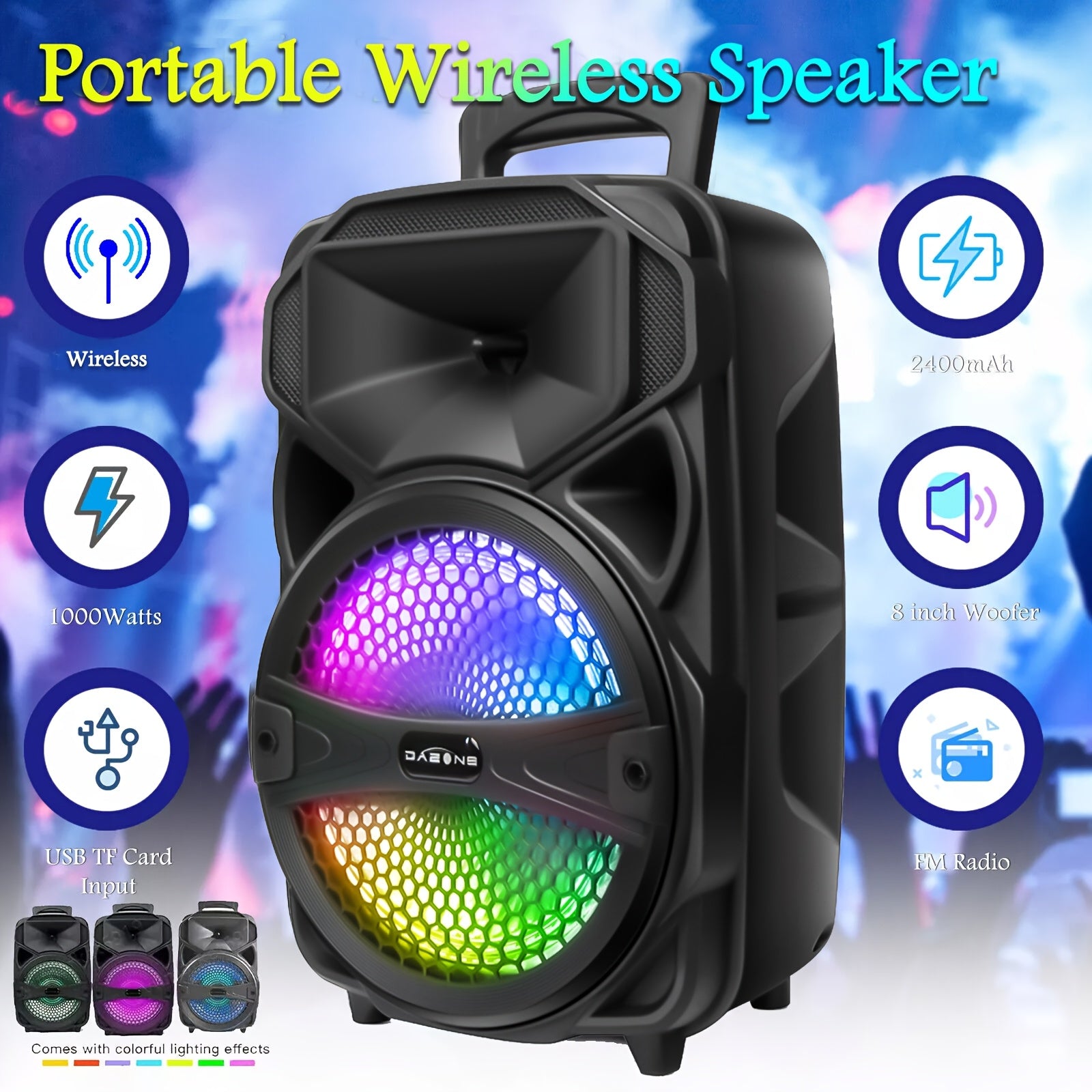 TEMU Bluetooth Pa Speaker System - 1000w Power Rechargeable Portable Outdoor Speaker W- 8" Woofer & 1" Tweeter, Microphone In, Dj Party Lights, Usb,