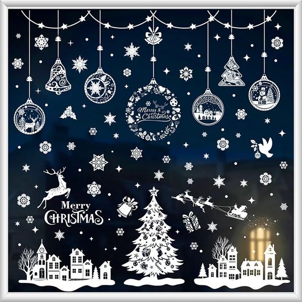 9pcs Snowflake Christmas Window Stickers Reindeer Year Decal Wall Sticker White Christmas Electrostatic Stickers Decorations 241209