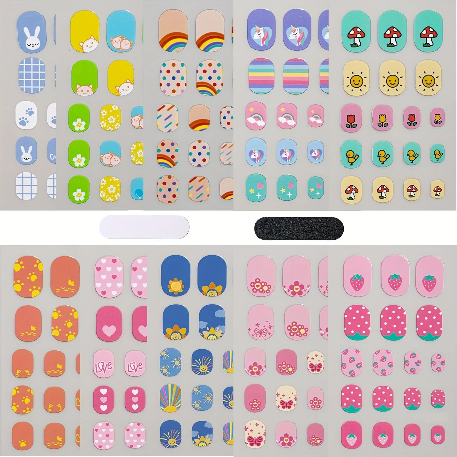 TEMU Cartoon Embellished Nail Art Set - Self-adhesive Resin Nail Wraps For Plastic , Glossy Finish, Single Use, With Rainbow, Cat, Bunny, Flowers,