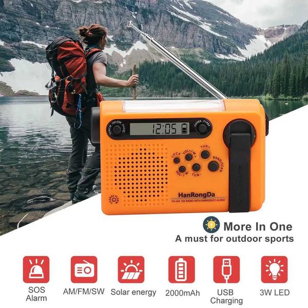 Interphone AM FM SW Radio Solar Hand Crank Weather Radio 2000mAh Alarm Clock Portable Outdoor Flashlight Phone Charger Emergency Powerbank Z