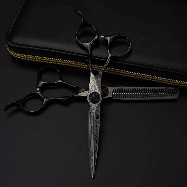 Professional 6 Black Damascus hair scissors Flower screw cutting barber tools haircut thinning shears hairdressing scissorsXJ240807