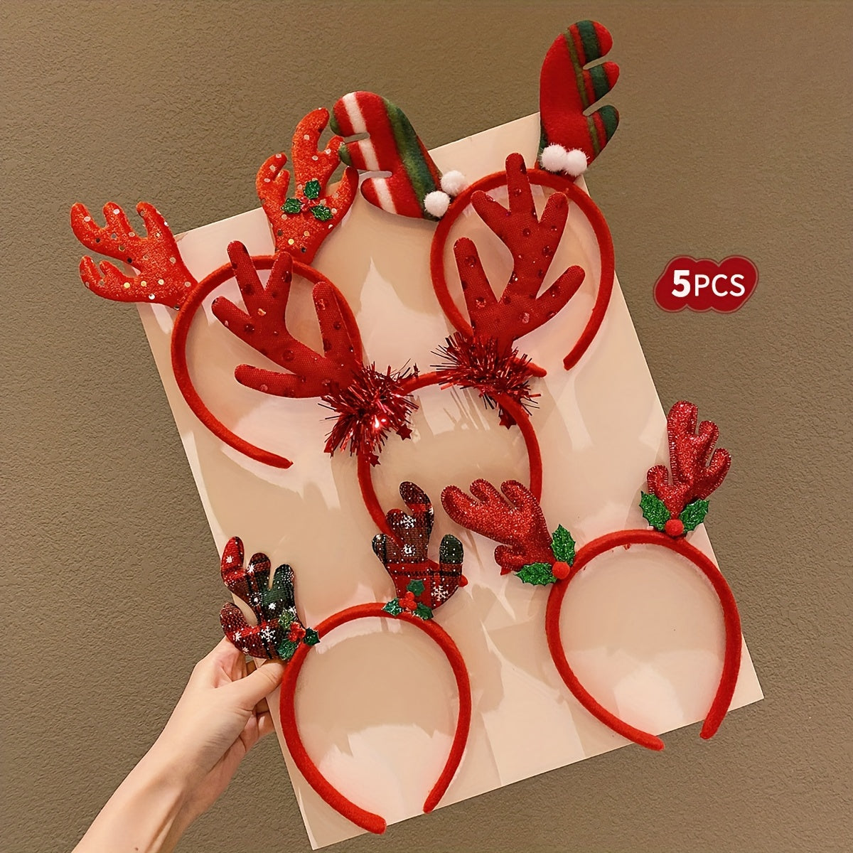 TEMU Lemon Set Of 5 Cute Reindeer Antler Headbands - Christmas Hair Accessories For Teens And Adults, Hand-woven Style Hair Hoops For Holiday