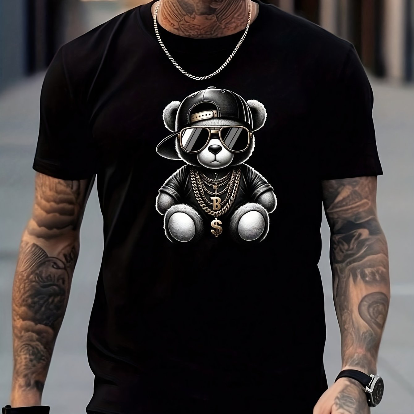 TEMU Bear Pattern Print Men's Crew Neck Short Sleeve T-shirt, Summer Outdoor