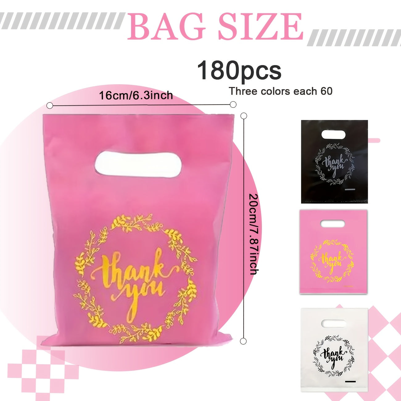 TEMU 180pcs Thank You Merchandise Plastic Bag 3 Colors Color Party Gift Bag Candy Cookie Bag Birthday Party Wedding Christmas Retirement (60pcs Pink
