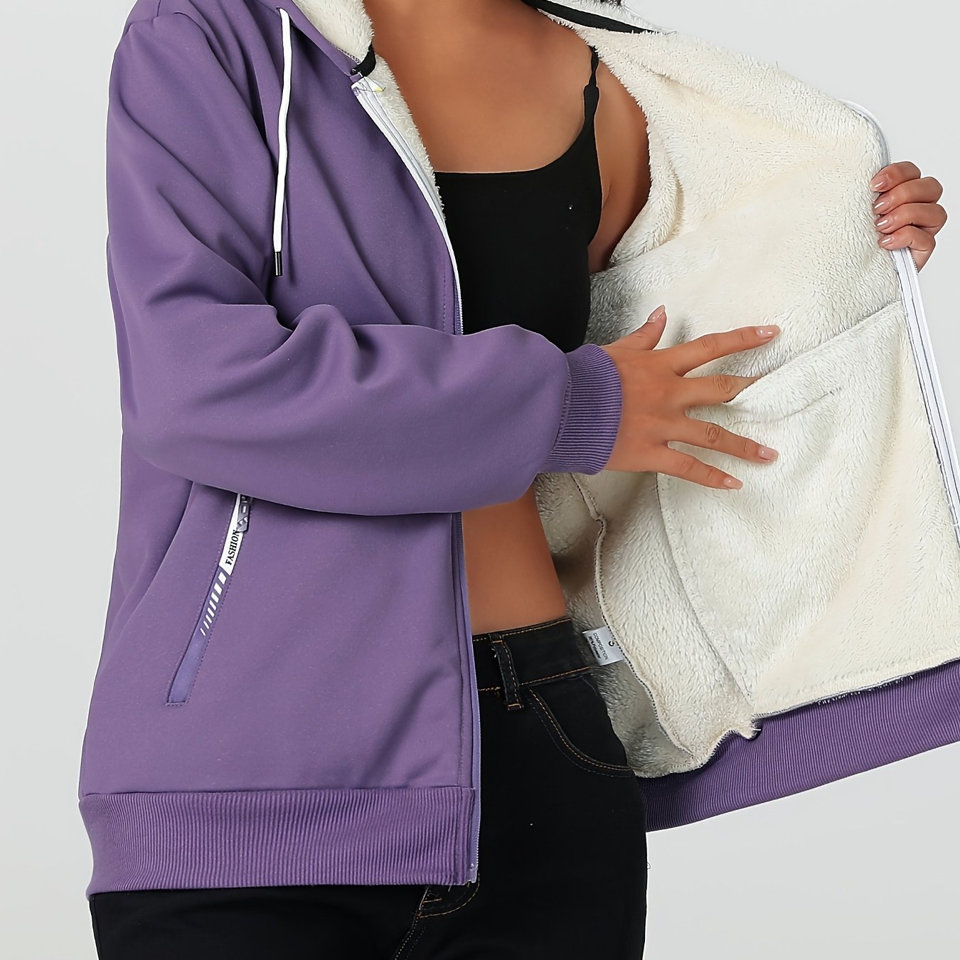 TEMU Women's Cozy Fleece-lined Hooded Jacket - Purple, Zip-up, Loose Fit, Long Sleeve, Polyester, With Hidden Large Pockets, Casual Winter Outerwear,