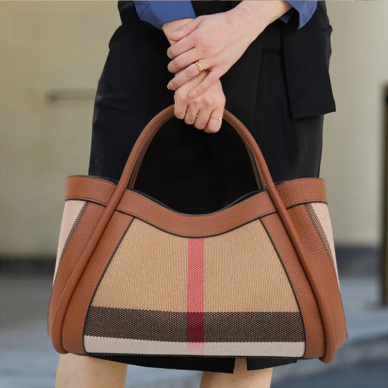 Free Shipping Aidrani 2025 New Retro Checkered Women&#039;s Designer Handbag Large Capacity Canvas Genuine Leather Bag