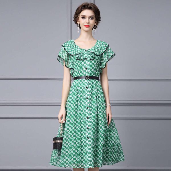 High-end Light Luxury Ruffled Short Sleeved Waist Belt with Cinched Waist Single Breasted Large Swing Printed Dress 2024 New Womens Item