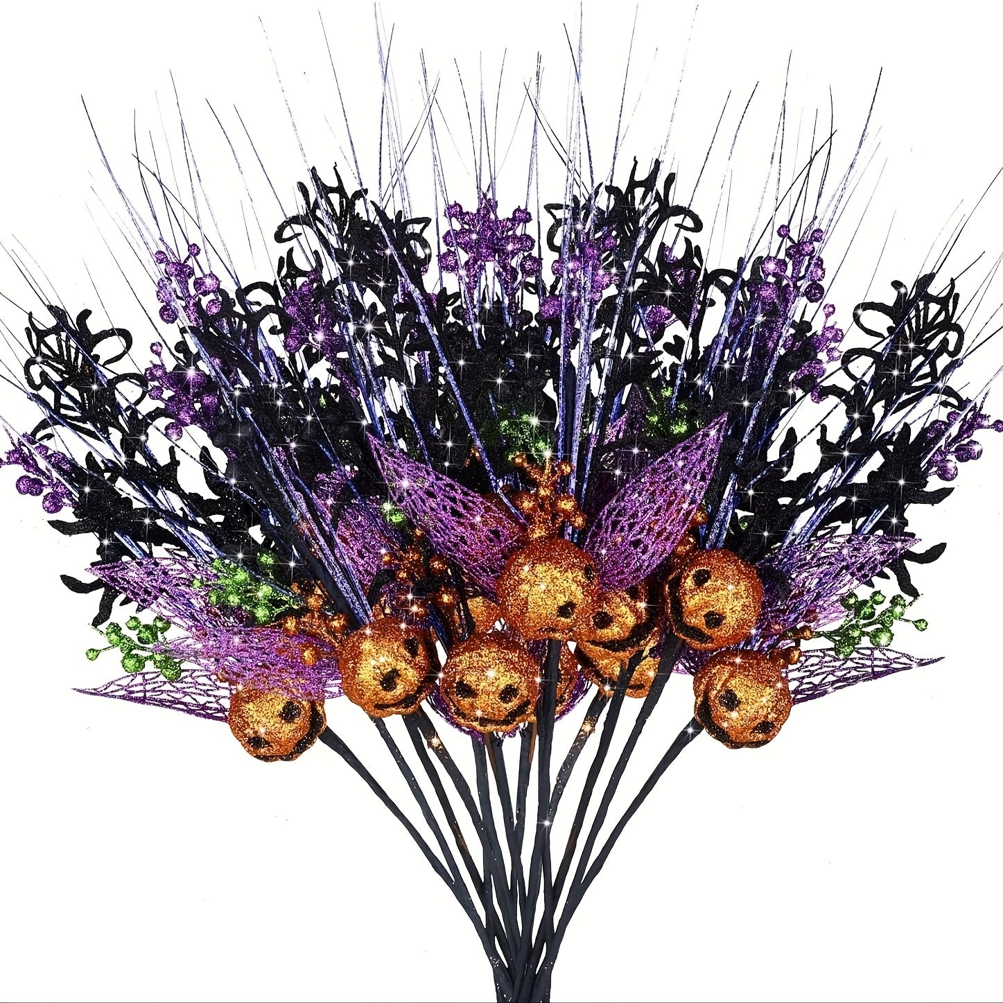 TEMU 2-pack Halloween Artificial Branches With Glittering Pumpkin Berries - Black, Purple, Orange - Battery-free Decorations, Realistic Tabletop