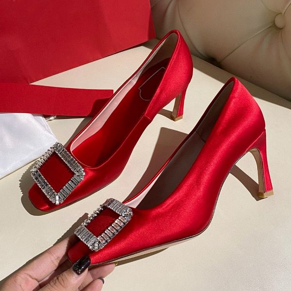 Famous Brand Shoes Square Metal Buckle High Heel Boat Shoes Satin Crystal Inlay Square Toe High Heels Wedding Shoes Party Evening Dress Shoe