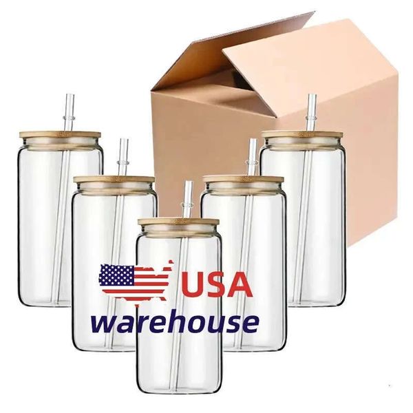 US Bottles 16Oz DIY Water Warehouse Blank Sublimation Can Tumblers Shaped Beer Glass Cups With Bamboo Lid And Straw For Iced Coffee Soda