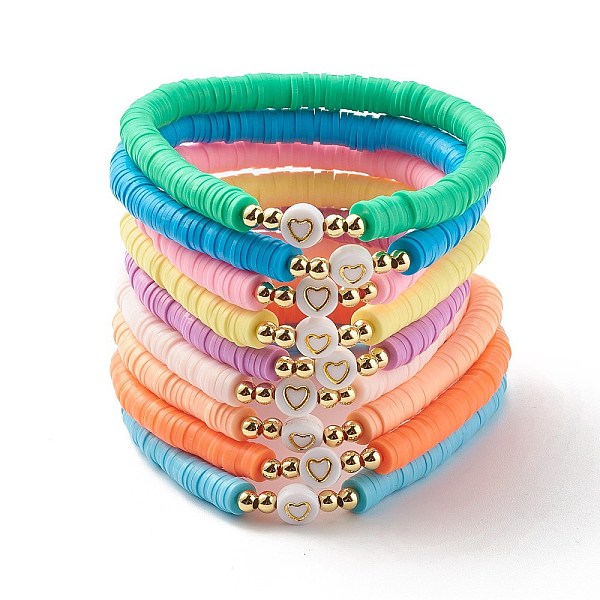 Handmade Polymer Clay Heishi Beads Stretch Bracelets Set with Heart Patter Beads for Women