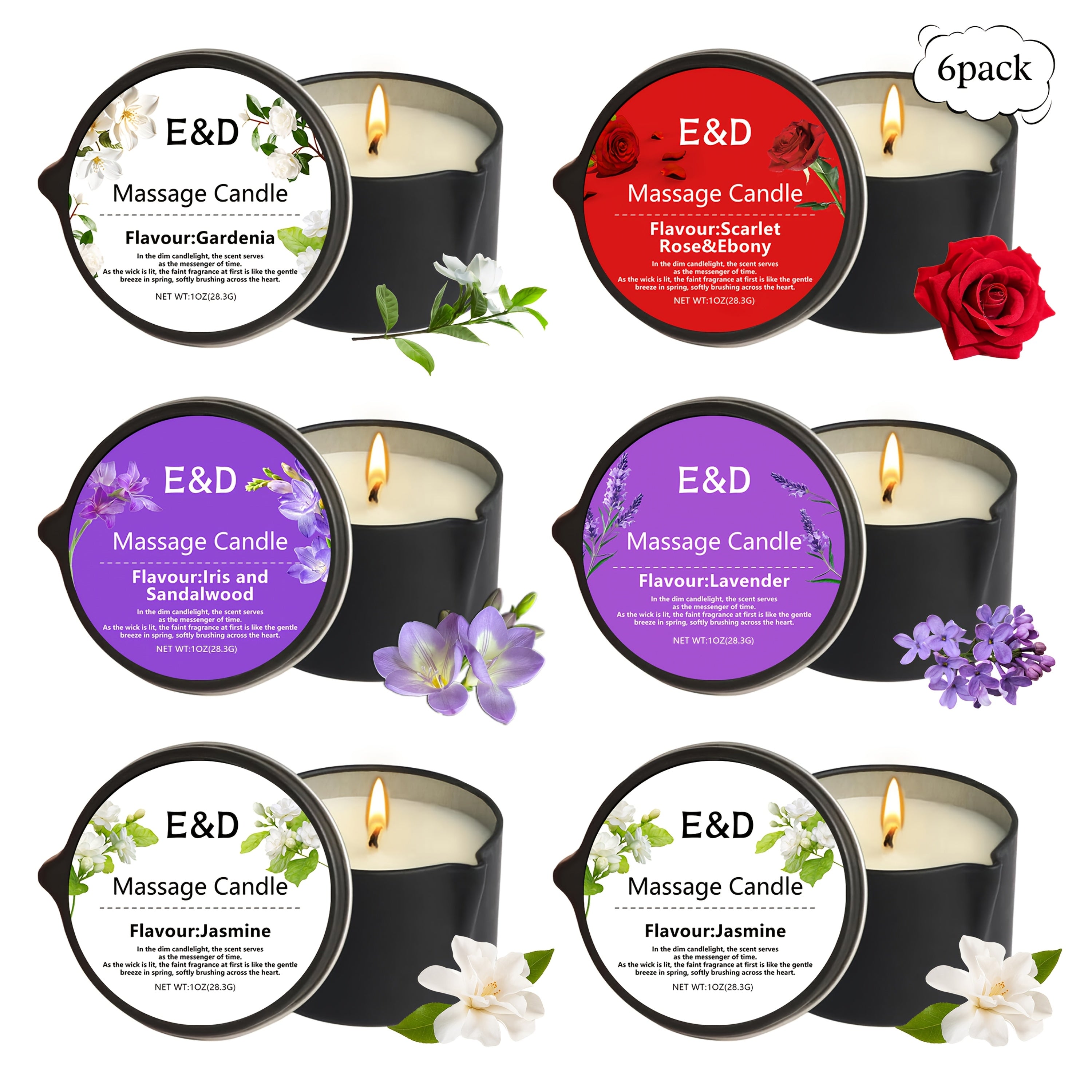 TEMU 6pcs Natural Scented Soy Wax Massage Candles (total 6oz-170g - Each 1oz) | Essential Oil Melts Into Warm Massage Oil | Handcrafted For Nail