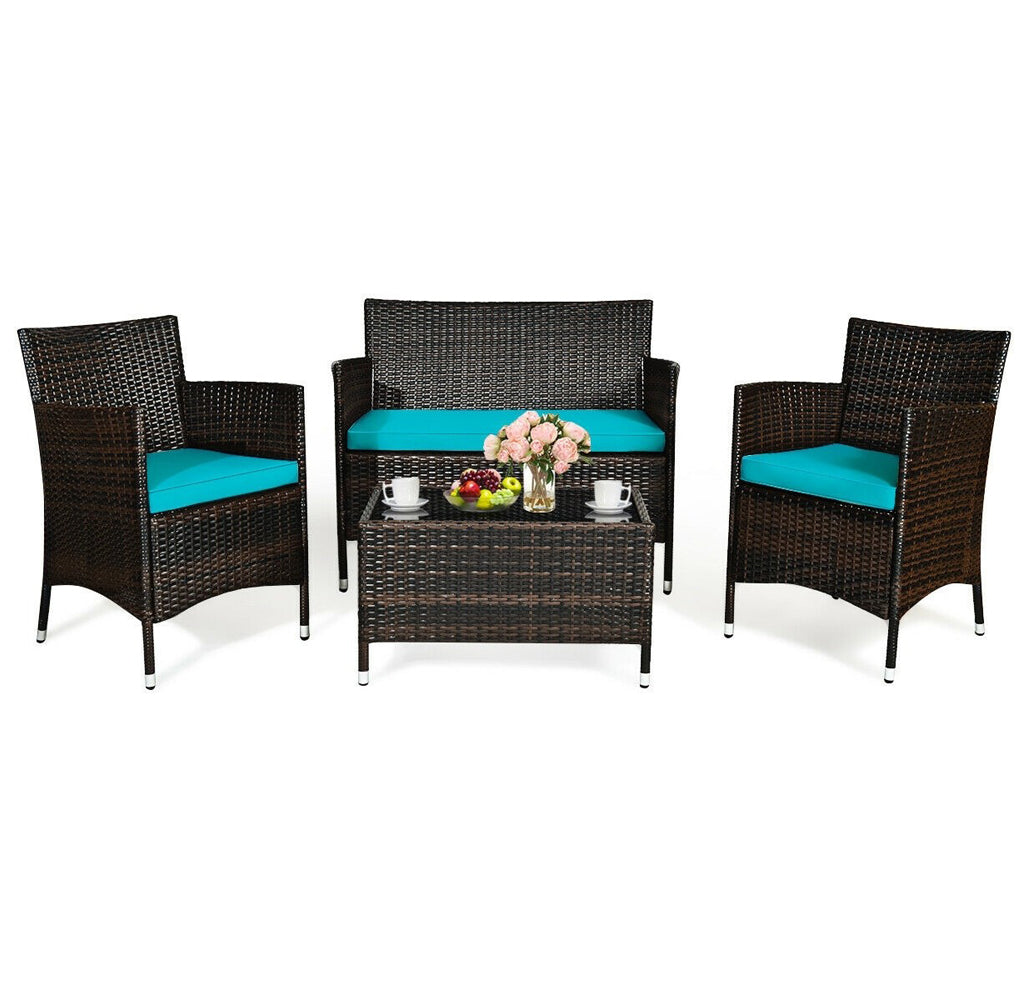 Rattan Outdoor 4-Piece Patio Furniture Set - 4PCS Sofa Set Turquoise