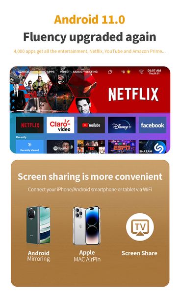 Projectors New Portable Projector WiFi6 200ANSI Android11.0 4K 100 Inch Screen 1280 720P BT5.2 H713 Chip Home Theater Outdoor HD CL250103