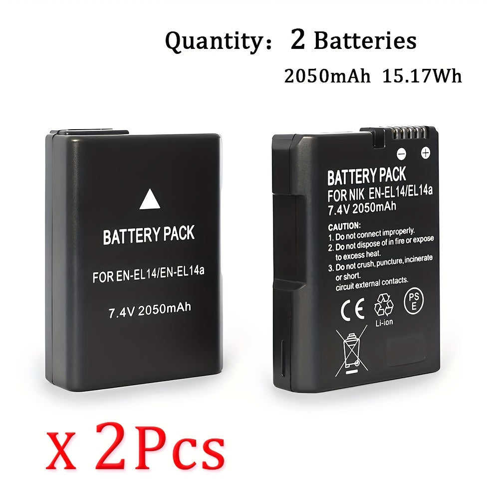 TEMU 2pcs En-el14 En-el14a Battery For D3100 D5100 P7100 P7700 P7800 Dslr Camera 2050mah 15.17wh