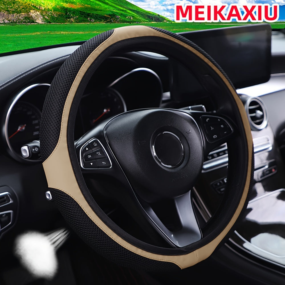 TEMU Breathable 3d Mesh Pu Leather Steering Wheel Cover, No , Fits -15 Inch Wheels, Design For Grip And Style