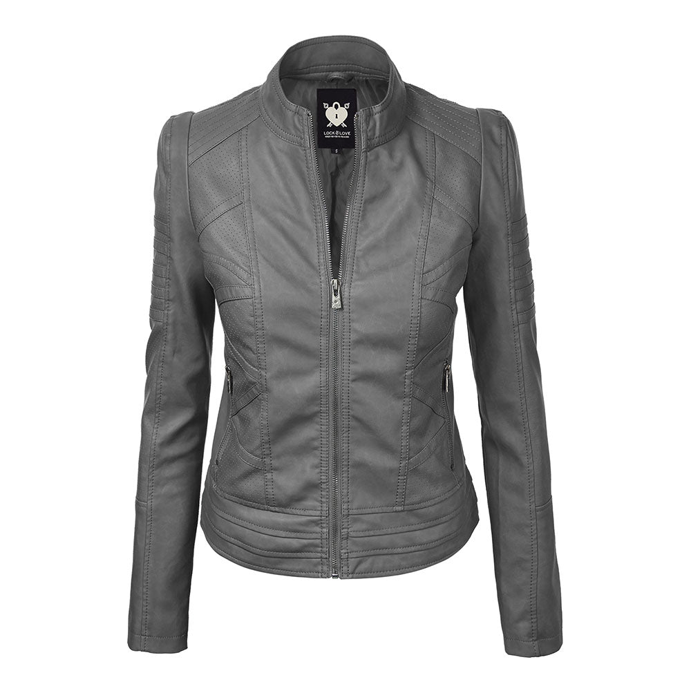 Womens Faux Leather Zip-up Moto Biker Jacket with Stitching Detail - Grey - Large