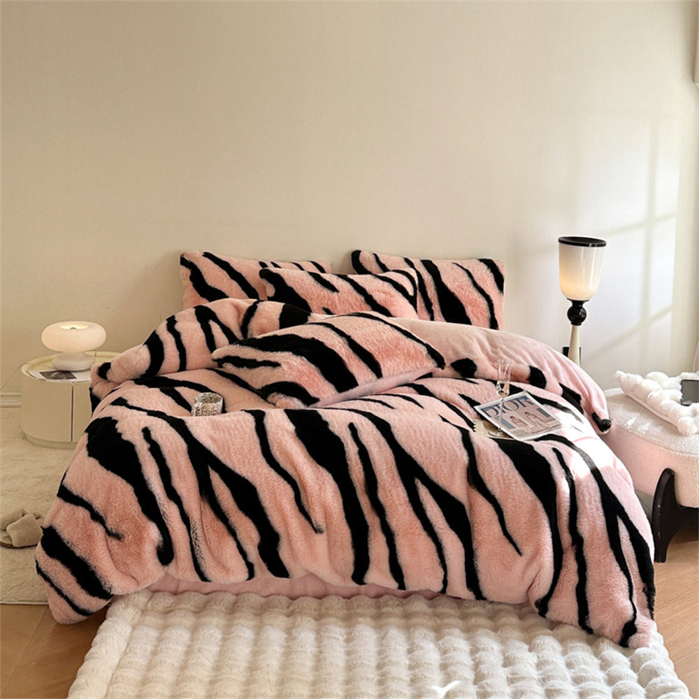 Zebra Thickened Fluffy Fur Bed Sheet Set, Pink - Pillowcase(1 Pc)