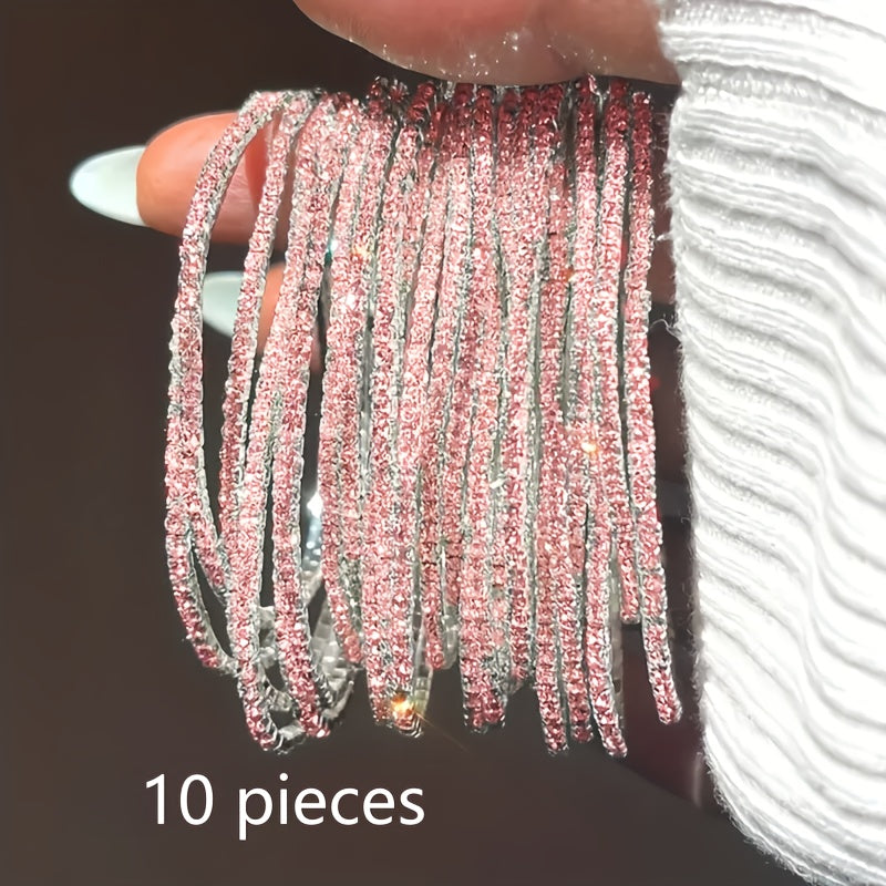 TEMU 10pcs Sparkling Pink Stretch Bracelets, Women's Bangle Set, Iron With Silvery Plating, Gift- And Celebrations, Gift- Jewelry|glittery