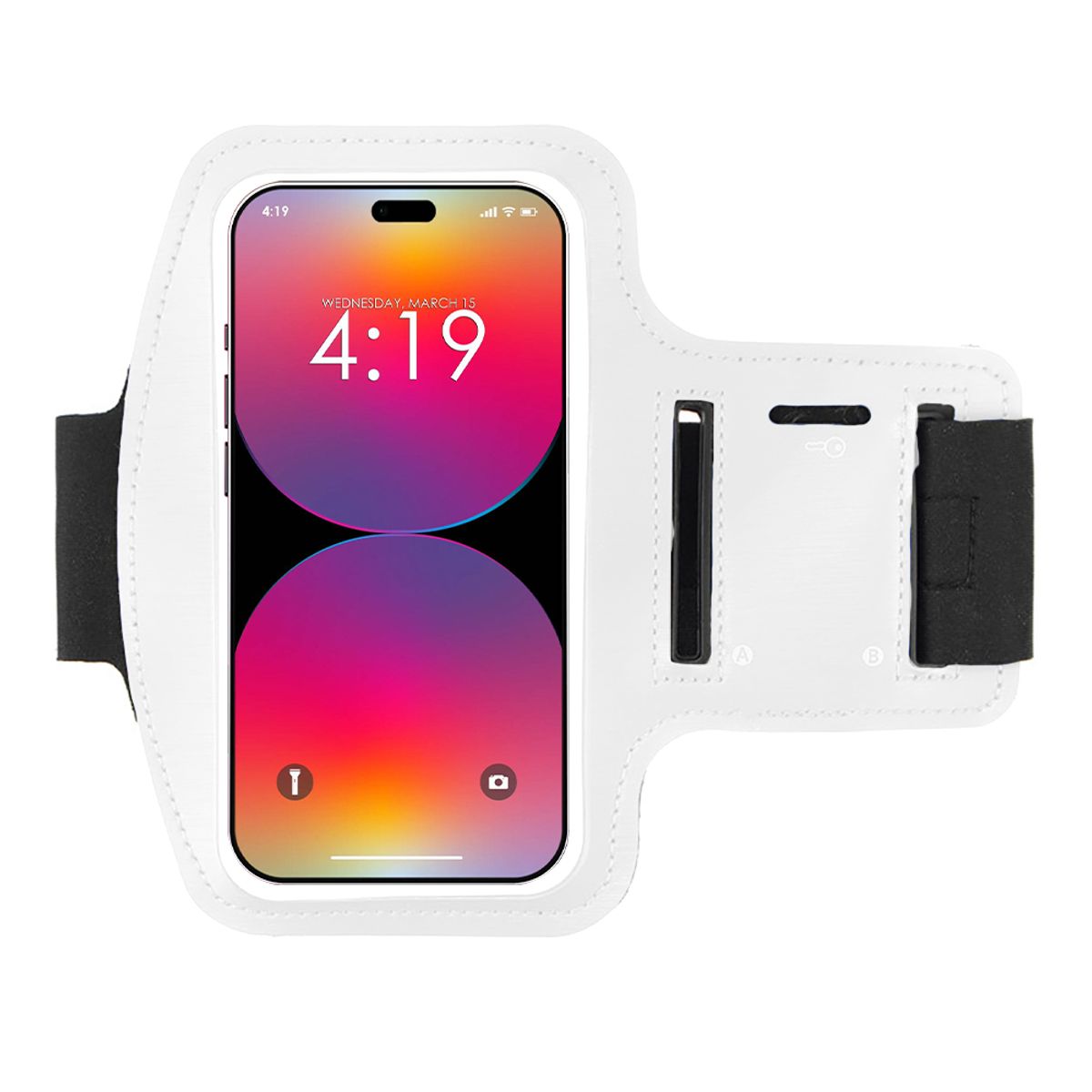 Adjustable Cell Phone Arm Band with Headphone and Key Slots - Adjustable White Armband