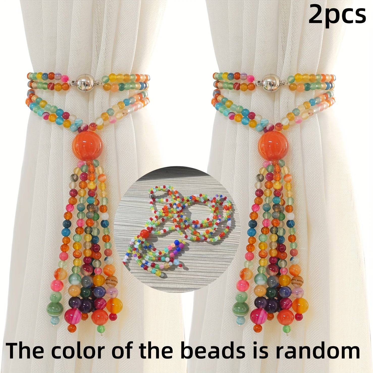 TEMU 2pcs Bohemian Vintage Curtain Tie Backs With Colorful Beaded Tassels - Decorative Window Buckles For Decor, Durable Bead Design, Drapery
