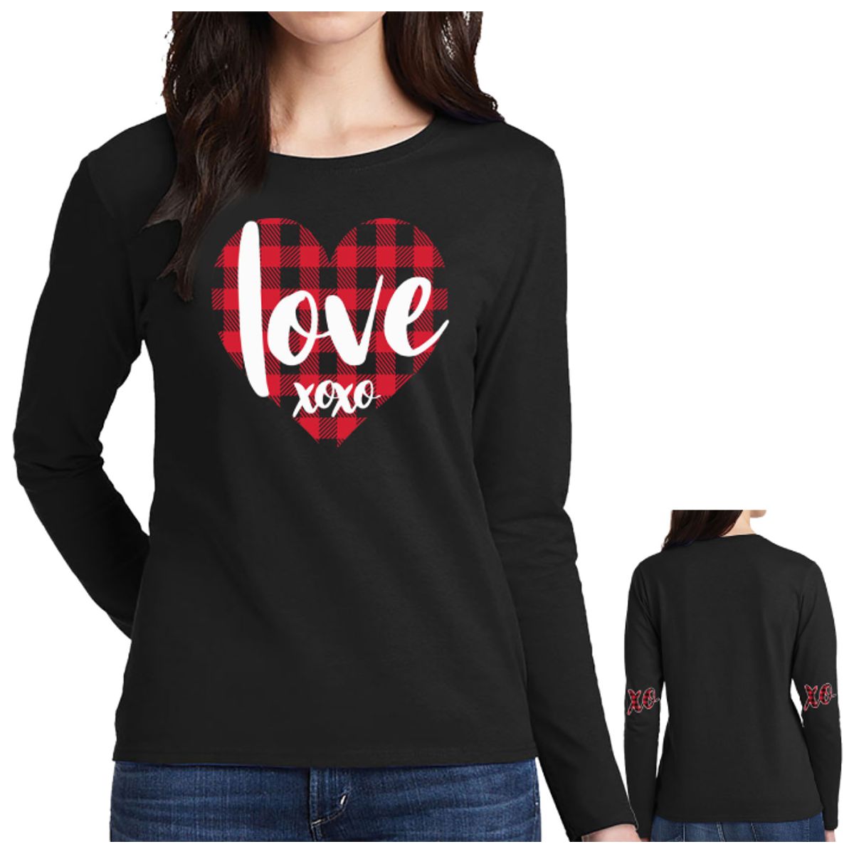 Women's Valentine's Day Shirts - Long Sleeve - Love XOXO - Black - 2XL