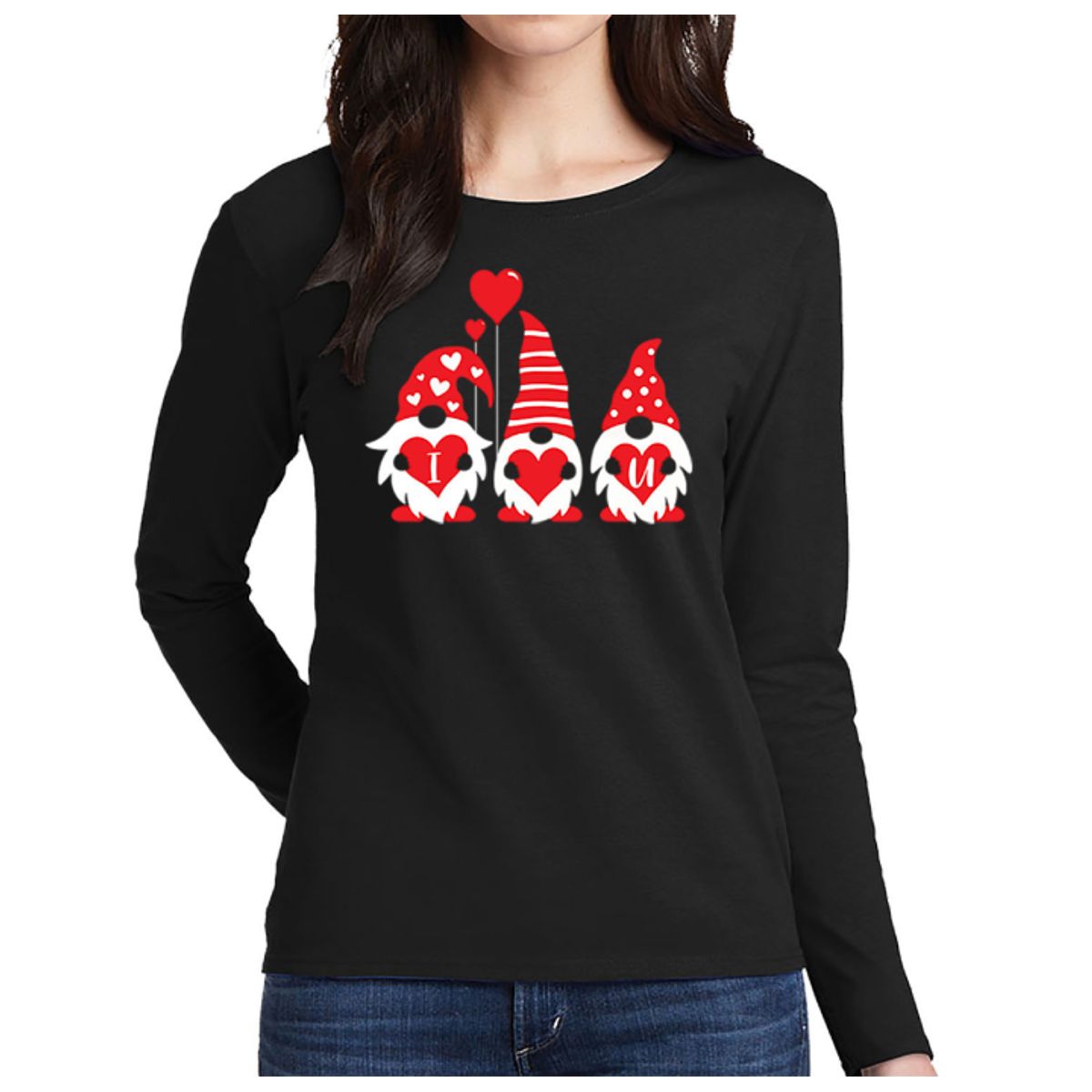 Women's Valentine's Day Shirts - Long Sleeve - Gnomies - Black - M