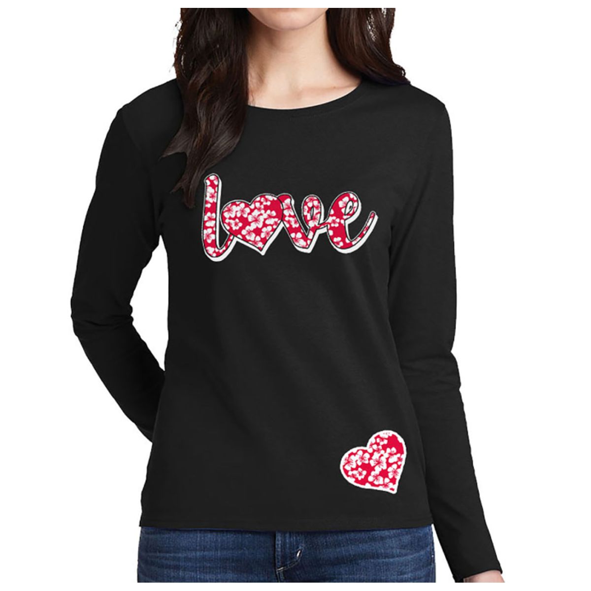 Women's Valentine's Day Shirts - Long Sleeve - Hibiscus Love - Black - XL