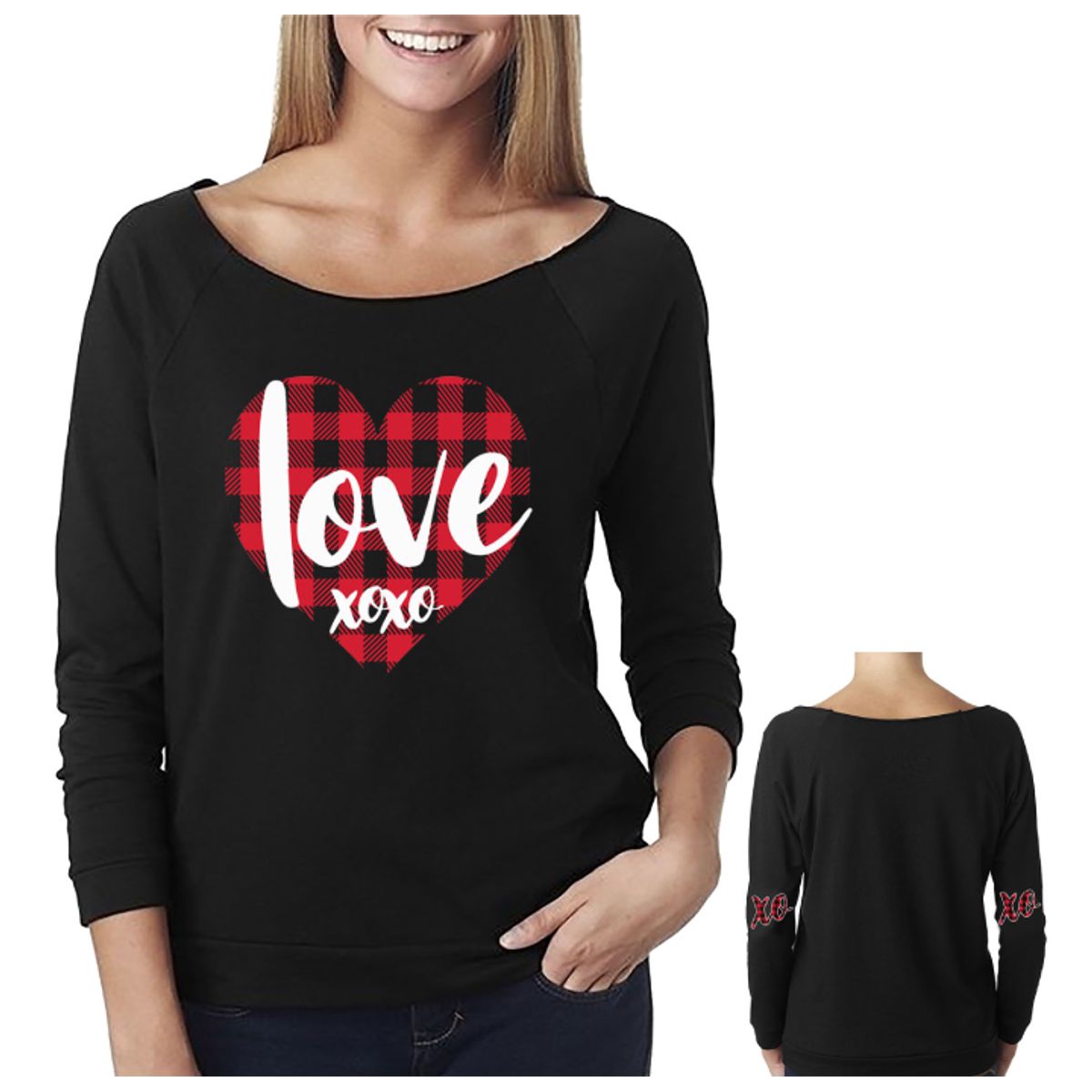 Women's Valentine's Day Shirts - Off The Shoulder - Love XOXO - Black - 2XL