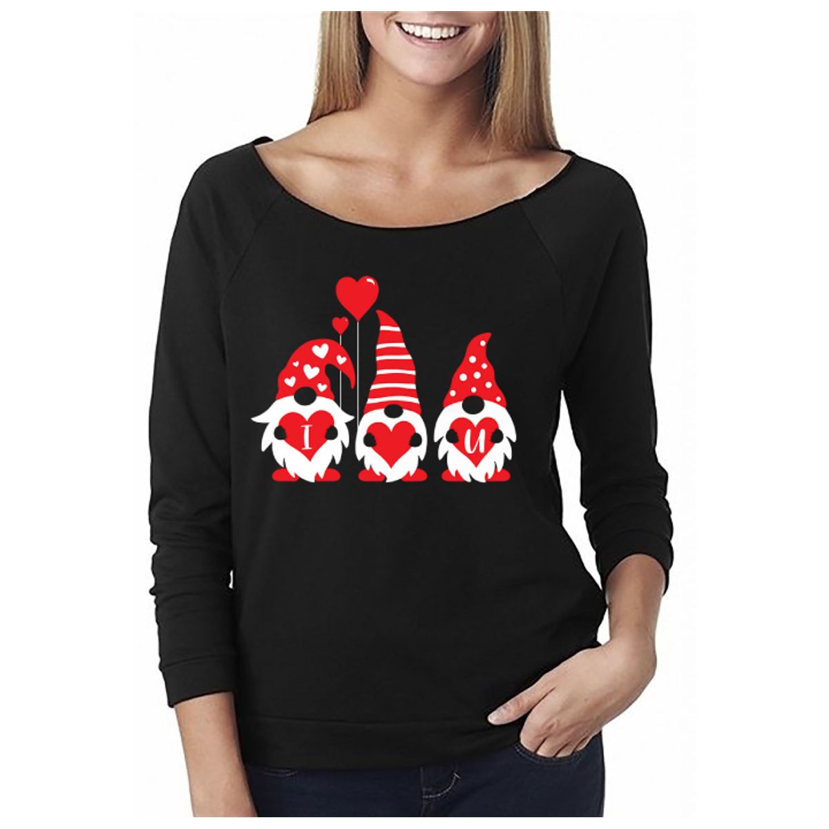 Women's Valentine's Day Shirts - Off The Shoulder - Gnomies - Black - 2XL