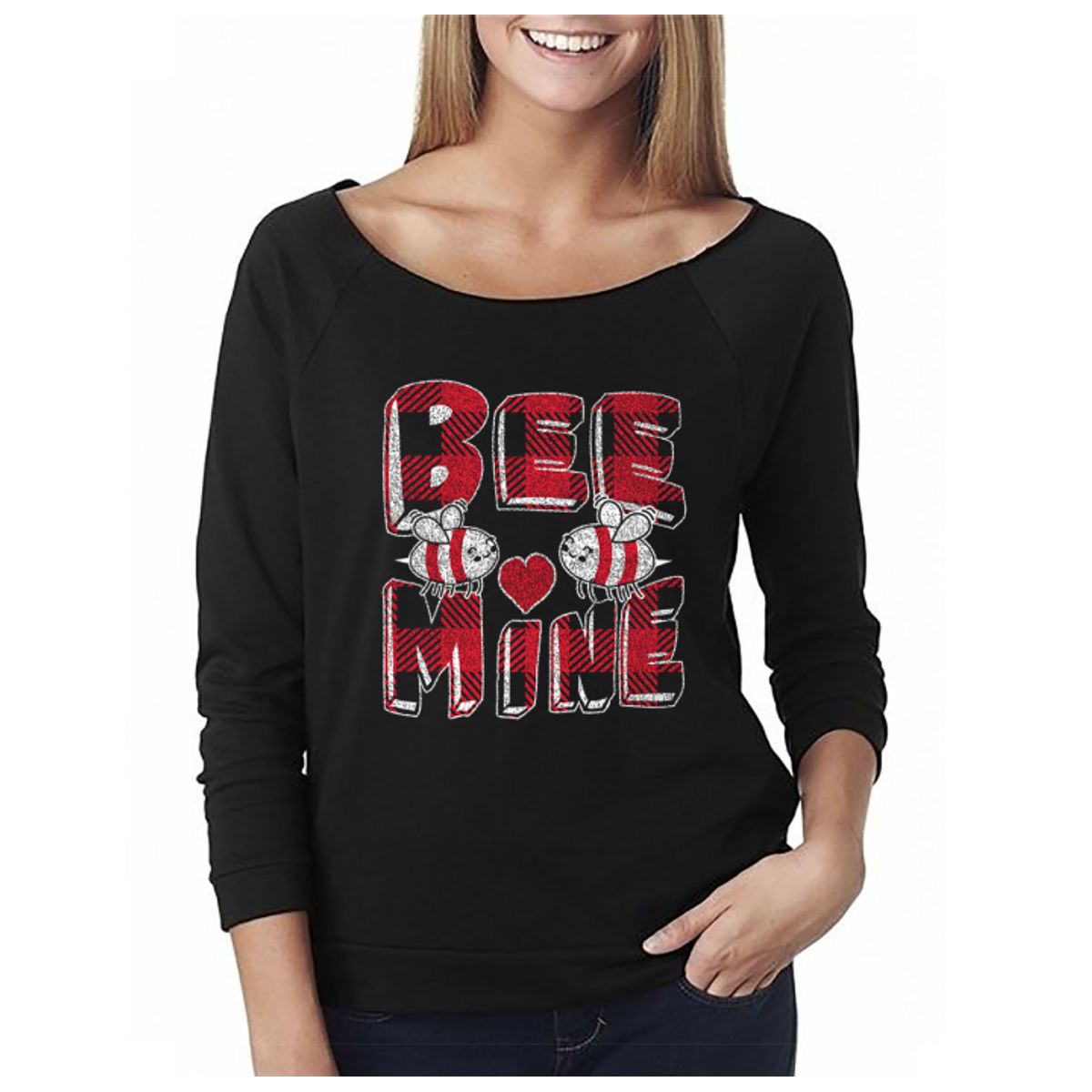 Women's Valentine's Day Shirts - Off The Shoulder - Bee Mine - Black - 2XL