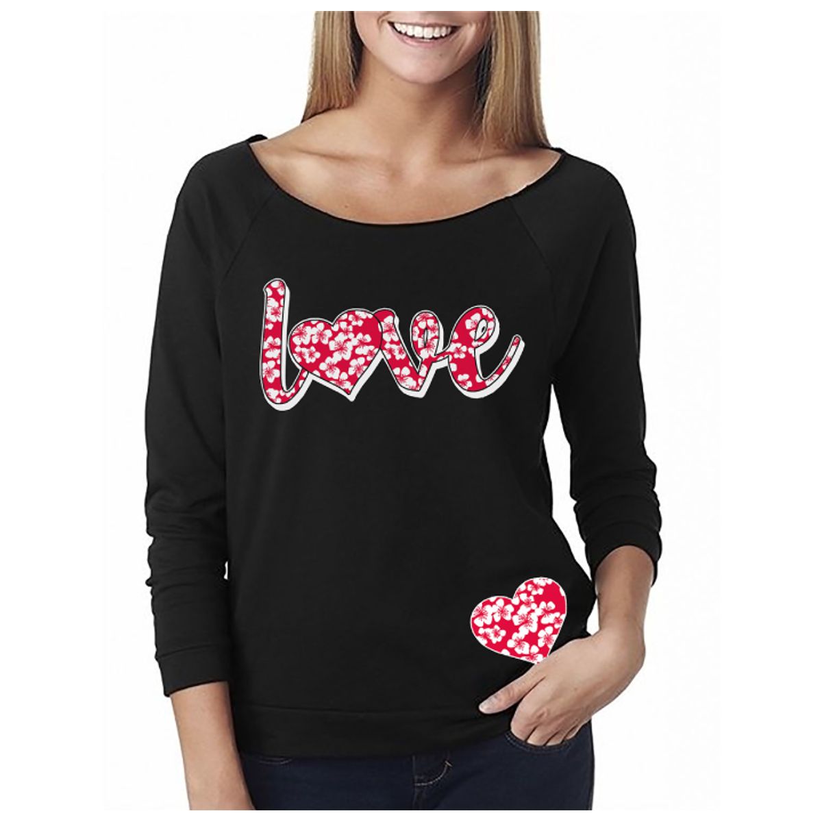 Women's Valentine's Day Shirts - Off The Shoulder - Hibiscus Love - Black - M