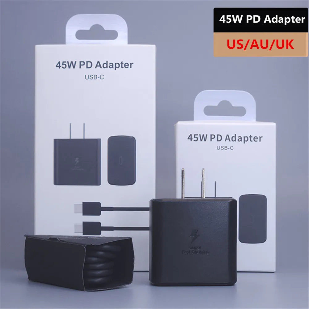 45W PD Adapter Charger Super Fast Charge US AU UK Quick Charging Head Adapter Cable Set USB-C Chargers for iPhone 15 PD20W Samsung S23 Note OEM