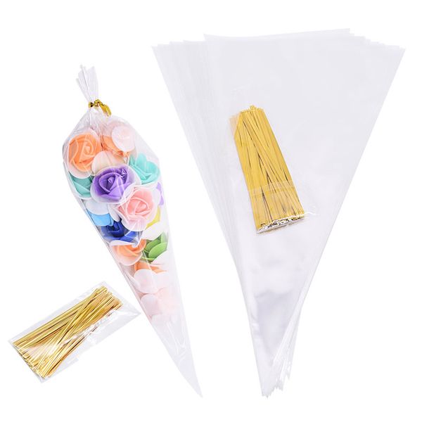 50pcs-lot Clear Cone Candy Storage Bags Cones Transprant Plastic Bag Popcorn Candy Bags Kids Birthday Party Gift Packing Bags