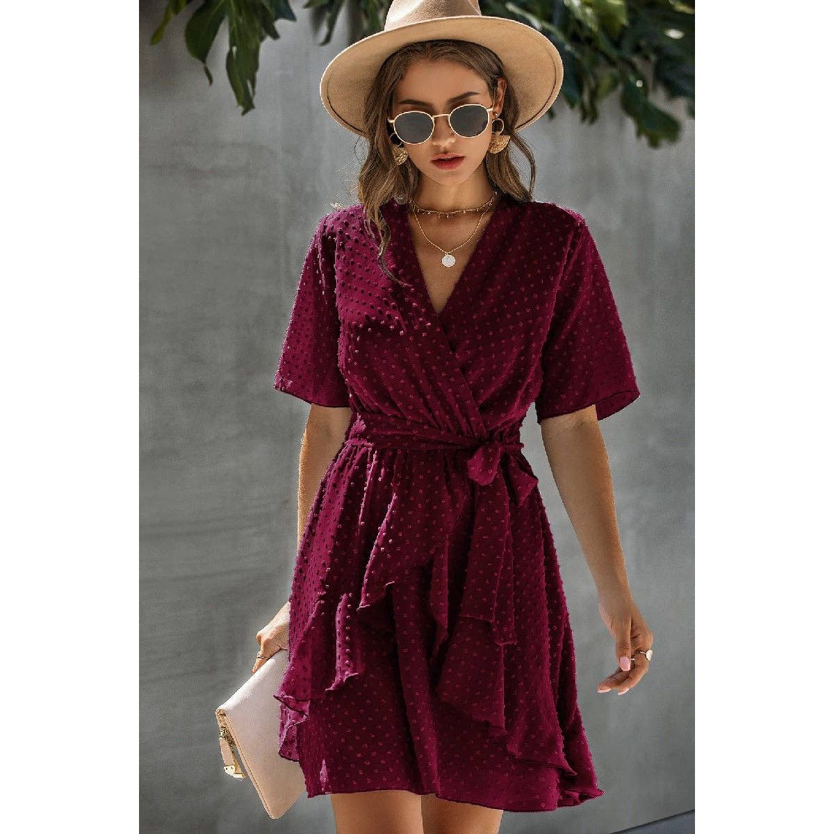 Women's Ruffle Romance Wrap Dress - WINE - L