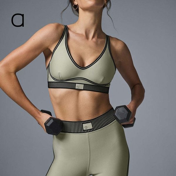 Al Womens Yoga Bra Quick-drying Sports Bra Fashion High Waist Hip Tummy Tights Breathable Yoga Fitness Running Set